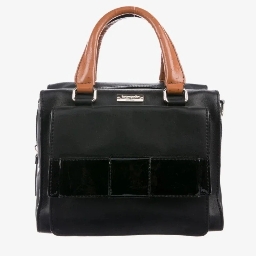 Kate Spade Bow Bridge Kennedy Satchel Black Leather Ostrich Trim Crossbody Bag